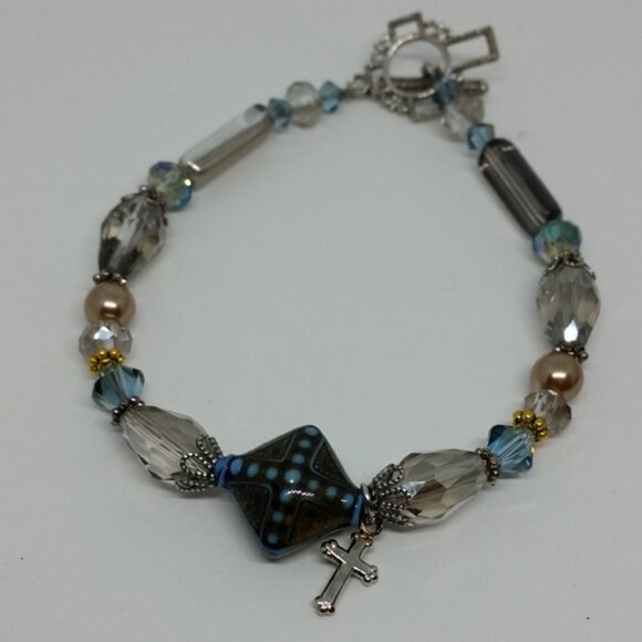 Bundle lot 3 cross charm beaded bracelets variety layering stackable. - Picture 2 of 4